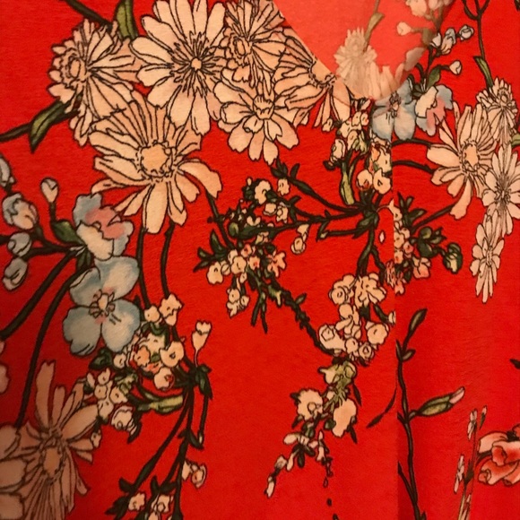 Red Orange Blouse Floral Tie Knot Short Sleeve - Picture 8 of 9